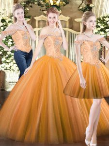 Custom Made Three Pieces Sweet 16 Dresses Orange Red Off The Shoulder Tulle Sleeveless Floor Length Lace Up