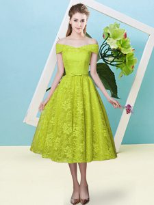 Off The Shoulder Cap Sleeves Bridesmaid Dress Tea Length Bowknot Olive Green Lace