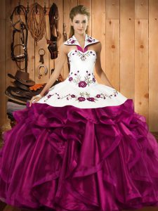 Fuchsia Ball Gowns Organza Halter Top Sleeveless Embroidery and Ruffles Floor Length Lace Up 15th Birthday Dress