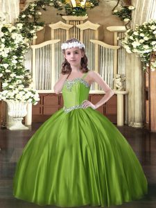 Olive Green Pageant Dress Toddler Party and Quinceanera with Beading Straps Sleeveless Lace Up