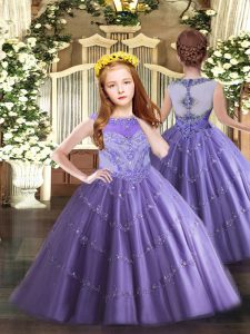 Scoop Sleeveless Little Girl Pageant Dress Floor Length Beading and Appliques Lavender Tulle