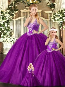 Purple Tulle Lace Up Vestidos de Quinceanera Sleeveless Floor Length Beading
