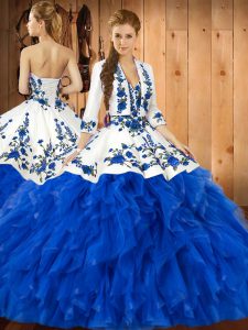Adorable Blue Satin and Organza Lace Up Sweet 16 Quinceanera Dress Sleeveless Floor Length Embroidery and Ruffles