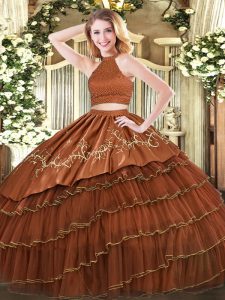 Suitable Ball Gowns 15th Birthday Dress Brown Halter Top Organza Sleeveless Floor Length Backless