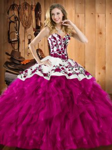 Top Selling Fuchsia Lace Up Ball Gown Prom Dress Embroidery and Ruffles Sleeveless Floor Length