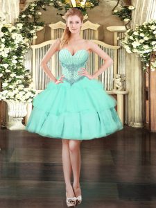 Designer Organza Sweetheart Sleeveless Lace Up Beading and Ruffled Layers Dress for Prom in Apple Green
