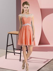 Unique Scoop Cap Sleeves Prom Party Dress Mini Length Beading Orange Red Chiffon