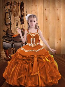 Excellent Orange Lace Up Little Girls Pageant Dress Embroidery and Ruffles Sleeveless Floor Length