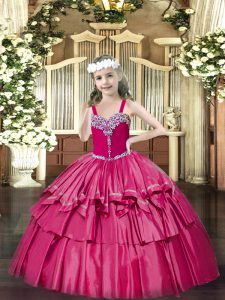 Hot Pink Organza Lace Up Pageant Dress Toddler Sleeveless Floor Length Beading and Ruffled Layers