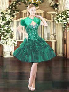 Custom Fit Dark Green Ball Gowns Sweetheart Sleeveless Organza Mini Length Lace Up Beading and Ruffles Homecoming Dress