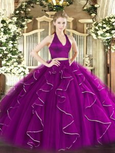Captivating Halter Top Sleeveless Zipper Ball Gown Prom Dress Purple Organza