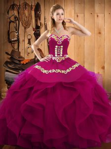Stunning Fuchsia Ball Gowns Embroidery and Ruffles Sweet 16 Quinceanera Dress Lace Up Organza Sleeveless Floor Length