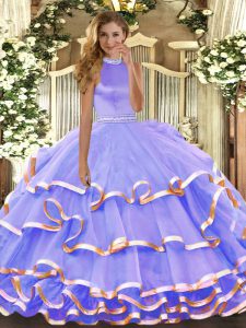 Lavender Halter Top Neckline Beading and Ruffled Layers Sweet 16 Quinceanera Dress Sleeveless Backless