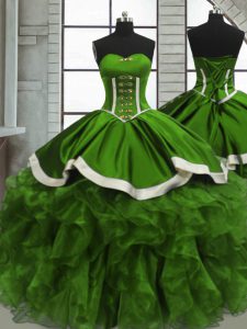 Green Ball Gowns Sweetheart Sleeveless Organza Floor Length Lace Up Beading and Ruffles and Ruching Sweet 16 Dresses