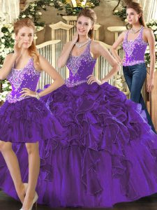 Luxury Purple Lace Up Straps Beading and Ruffles Quince Ball Gowns Tulle Sleeveless