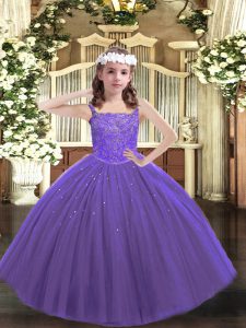 Purple Sleeveless Floor Length Beading Lace Up Little Girl Pageant Dress