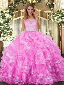 High Class Rose Pink Clasp Handle Scoop Lace and Ruffled Layers Ball Gown Prom Dress Organza Sleeveless