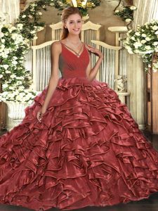 Rust Red Sleeveless Organza Sweep Train Backless Ball Gown Prom Dress for Military Ball and Sweet 16 and Quinceanera