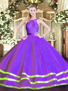 Latest Eggplant Purple Ball Gowns Lace 15 Quinceanera Dress Zipper Tulle Sleeveless Floor Length