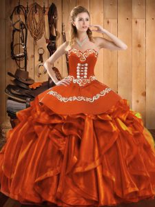 Satin and Organza Sweetheart Sleeveless Lace Up Embroidery and Ruffles Quinceanera Gowns in Rust Red