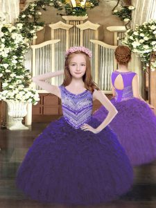 Unique Sleeveless Floor Length Beading and Ruffles Lace Up Little Girl Pageant Dress with Purple