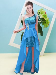 Ideal One Shoulder Sleeveless Elastic Woven Satin and Sequined Evening Dress Beading and Sequins Lace Up