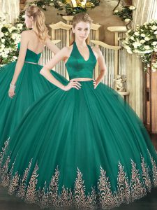Dark Green Tulle Zipper Sweet 16 Dresses Sleeveless Floor Length Appliques