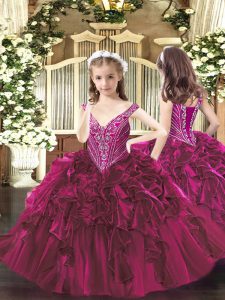 Floor Length Ball Gowns Sleeveless Fuchsia Little Girls Pageant Gowns Lace Up