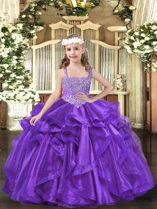 Floor Length Purple Little Girls Pageant Dress Organza Sleeveless Beading and Ruffles