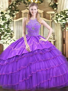 Lavender Sleeveless Floor Length Beading and Embroidery and Ruffled Layers Zipper Quinceanera Dress