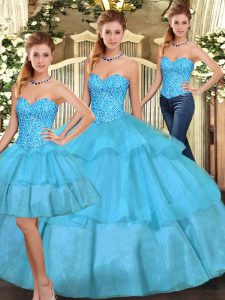 Aqua Blue Sleeveless Organza Lace Up Quinceanera Dress for Military Ball and Sweet 16 and Quinceanera