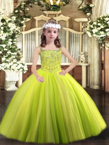 Perfect Floor Length Yellow Green Little Girl Pageant Dress Tulle Sleeveless Beading