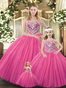 Sweetheart Sleeveless Lace Up Quinceanera Gowns Hot Pink Tulle