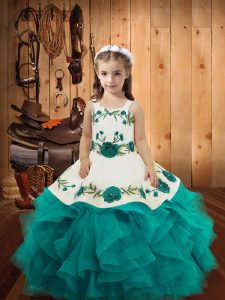 Perfect Straps Sleeveless Tulle Glitz Pageant Dress Embroidery and Ruffles Lace Up