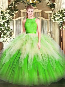 Stylish Multi-color Ball Gowns Scoop Sleeveless Organza Floor Length Zipper Lace and Ruffles Quinceanera Gowns