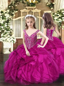 Sleeveless Floor Length Beading and Ruffles Lace Up Little Girls Pageant Dress with Fuchsia
