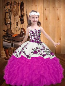 Sleeveless Floor Length Embroidery and Ruffles Lace Up High School Pageant Dress with Fuchsia