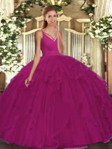 Perfect Fuchsia Tulle Backless V-neck Sleeveless Floor Length Quinceanera Gowns Beading and Ruffles