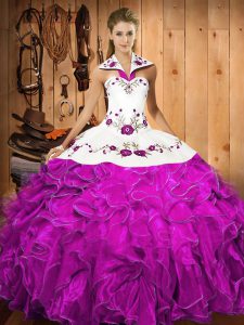 Sleeveless Satin and Organza Floor Length Lace Up 15th Birthday Dress in Fuchsia with Embroidery and Ruffles