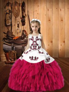 Low Price Sleeveless Organza Floor Length Lace Up Little Girls Pageant Dress Wholesale in Fuchsia with Embroidery and Ru