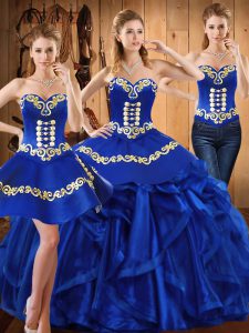 Stylish Sleeveless Floor Length Embroidery and Ruffles Lace Up 15th Birthday Dress with Royal Blue