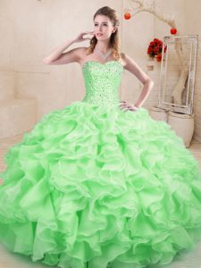 Apple Green Lace Up Sweetheart Beading and Ruffles Sweet 16 Dresses Organza Sleeveless