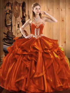 Custom Designed Ball Gowns Quince Ball Gowns Rust Red Sweetheart Organza Sleeveless Floor Length Lace Up