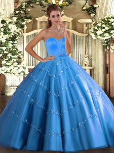 Exquisite Baby Blue Lace Up Sweetheart Beading and Appliques Sweet 16 Dresses Tulle Sleeveless