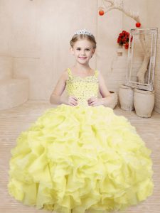 Light Yellow Ball Gowns Straps Sleeveless Organza Floor Length Lace Up Beading and Ruffles Pageant Dresses
