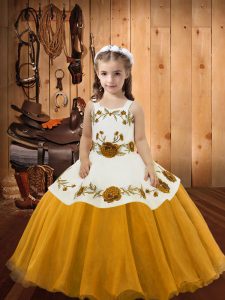 Floor Length Lace Up Little Girl Pageant Dress Gold for Sweet 16 and Quinceanera with Embroidery