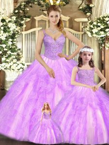 Floor Length Lilac Sweet 16 Dresses Organza Sleeveless Beading and Ruffles