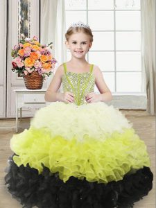 Sleeveless Floor Length Beading and Ruffles Lace Up Child Pageant Dress with Multi-color