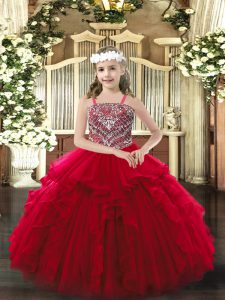 Wine Red Straps Lace Up Beading and Ruffles Little Girls Pageant Dress Wholesale Sleeveless