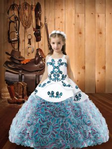 Fabric With Rolling Flowers Straps Sleeveless Lace Up Embroidery Little Girl Pageant Dress in Multi-color